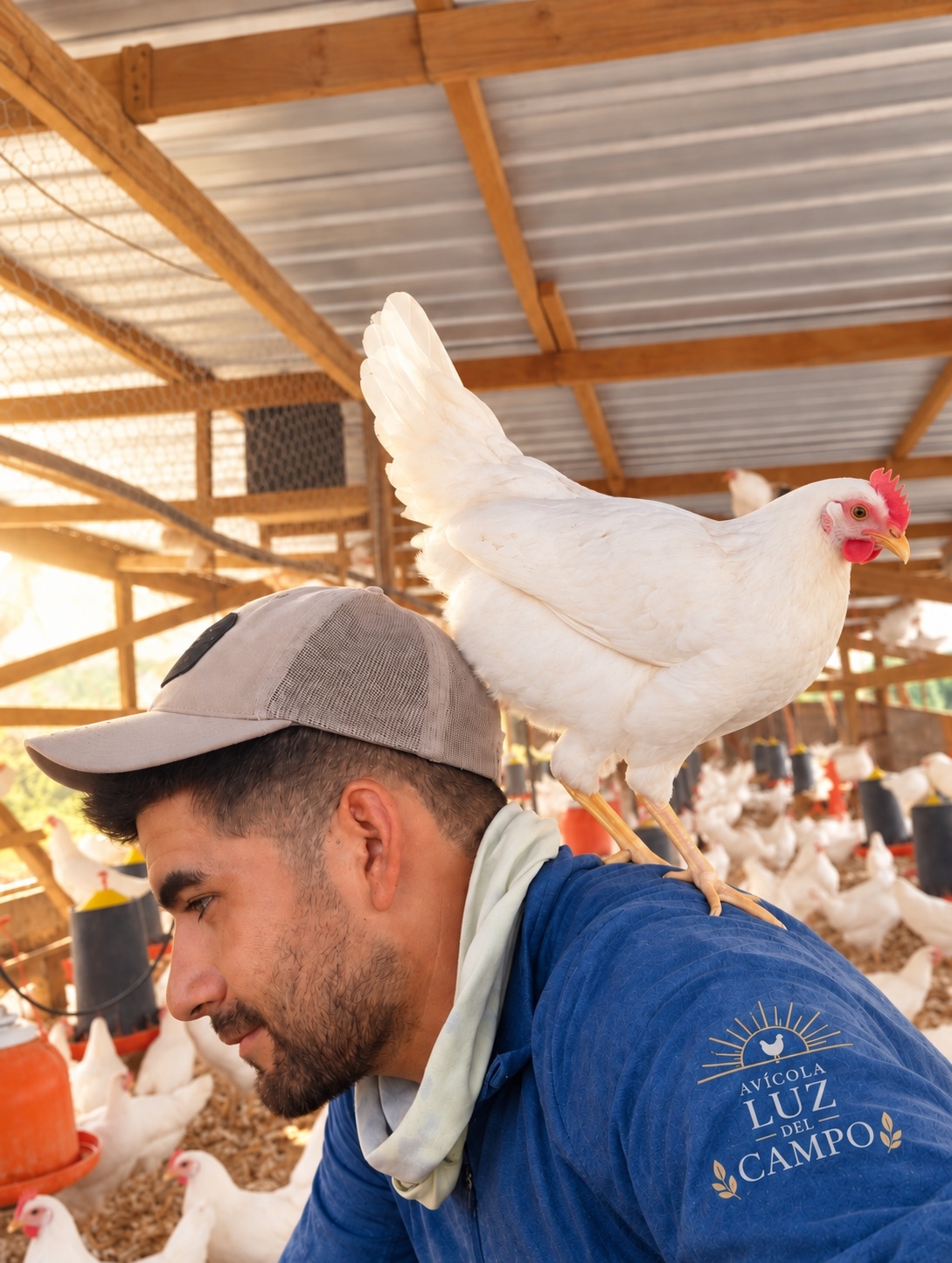 Colaborador con gallina en el interior de la nave